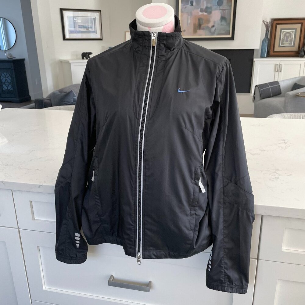 Nike Vintage Full Zip Hi Neck Athletic Poly Windbreaker Running Jacket Blk Gry S